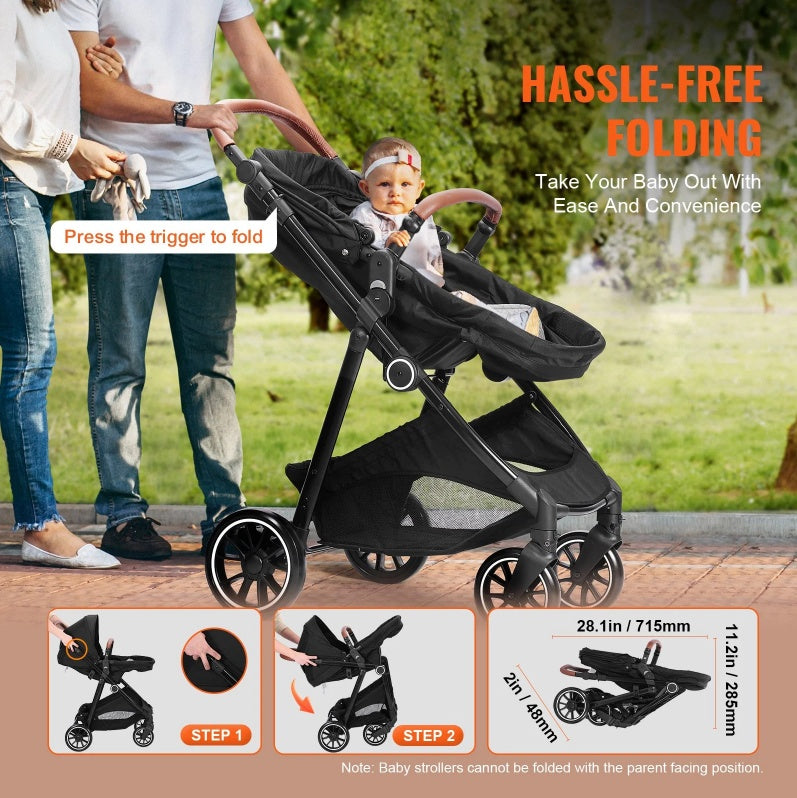 Standard Baby Stroller, Infant Toddler Stroller With Bassinet, 3rd-Gear Adjustable Backrest & Foldable & Reversible Seat, Carbon Steel Newborn Stroller With Leg Cover And Mesh Net, Black